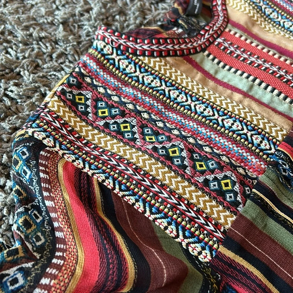 Zara Multicolor Pom Pom Trim Tiered Boho Maxi Dress Size Medium - Picture 12 of 16